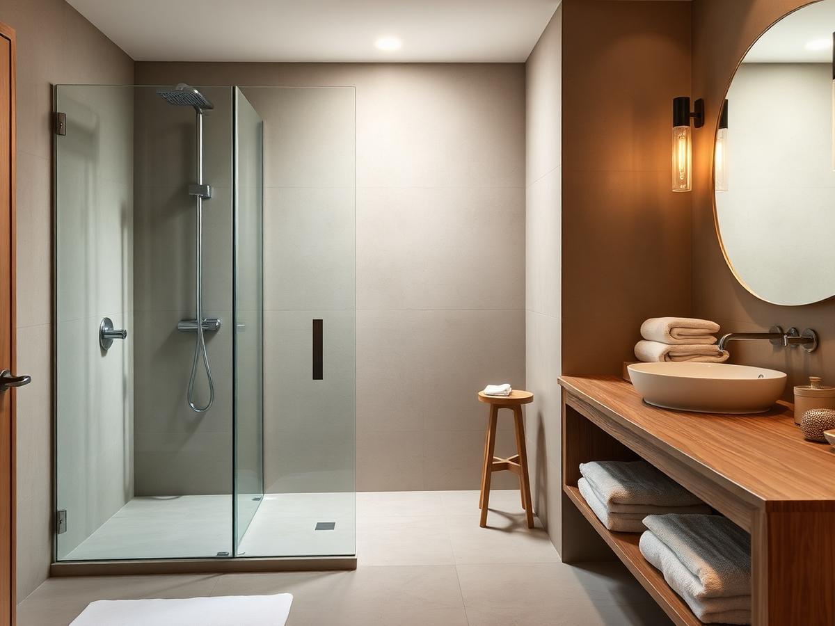 Badkamer met inloopdouche en eiken meubel