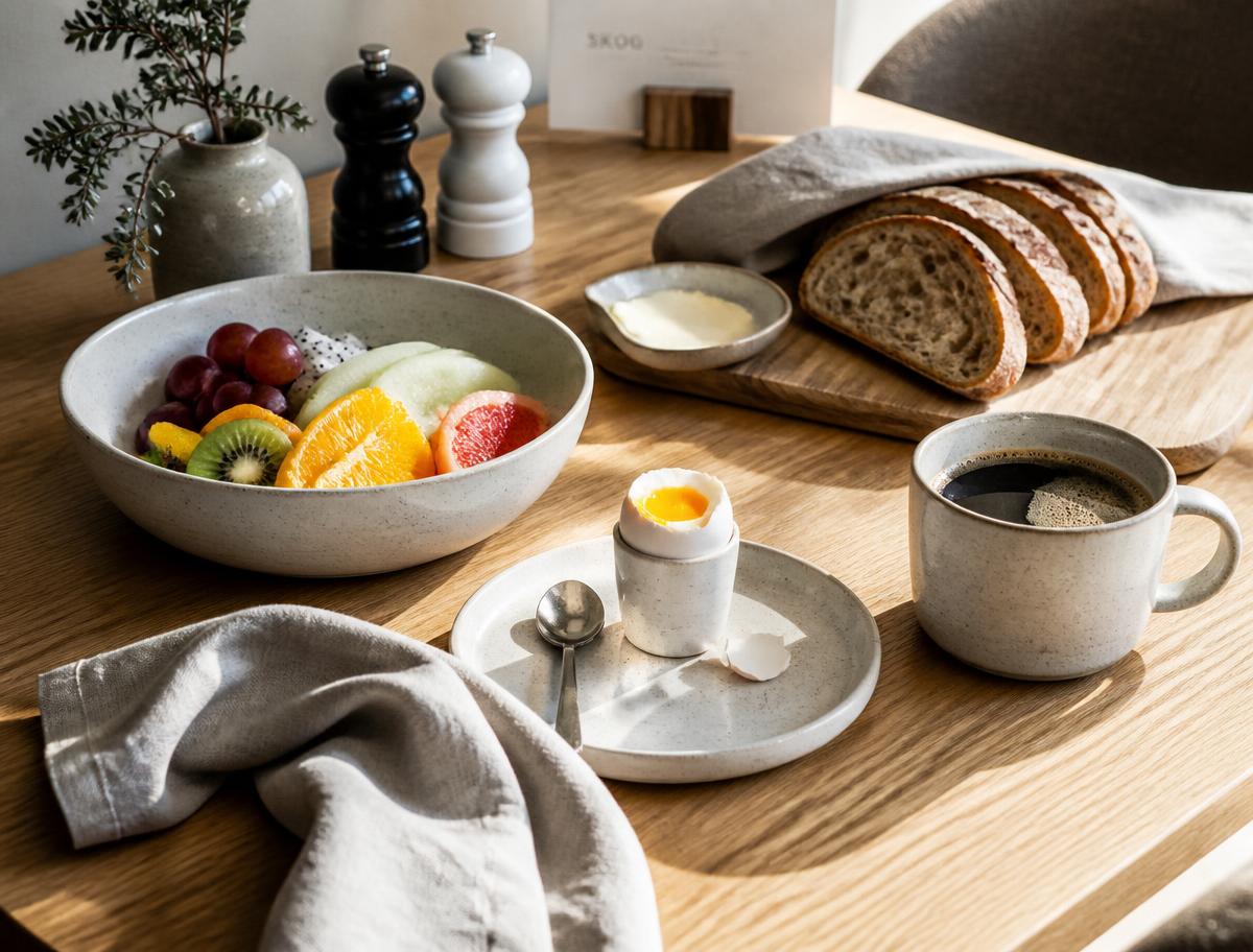 Ontbijt met vers brood, fruit en koffie op een eiken tafel