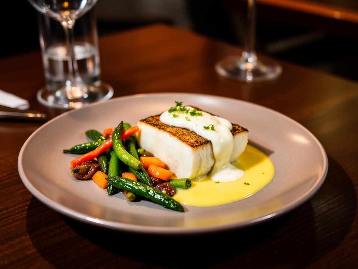Bord met Noordzeebaars en seizoensgroenten in het restaurant