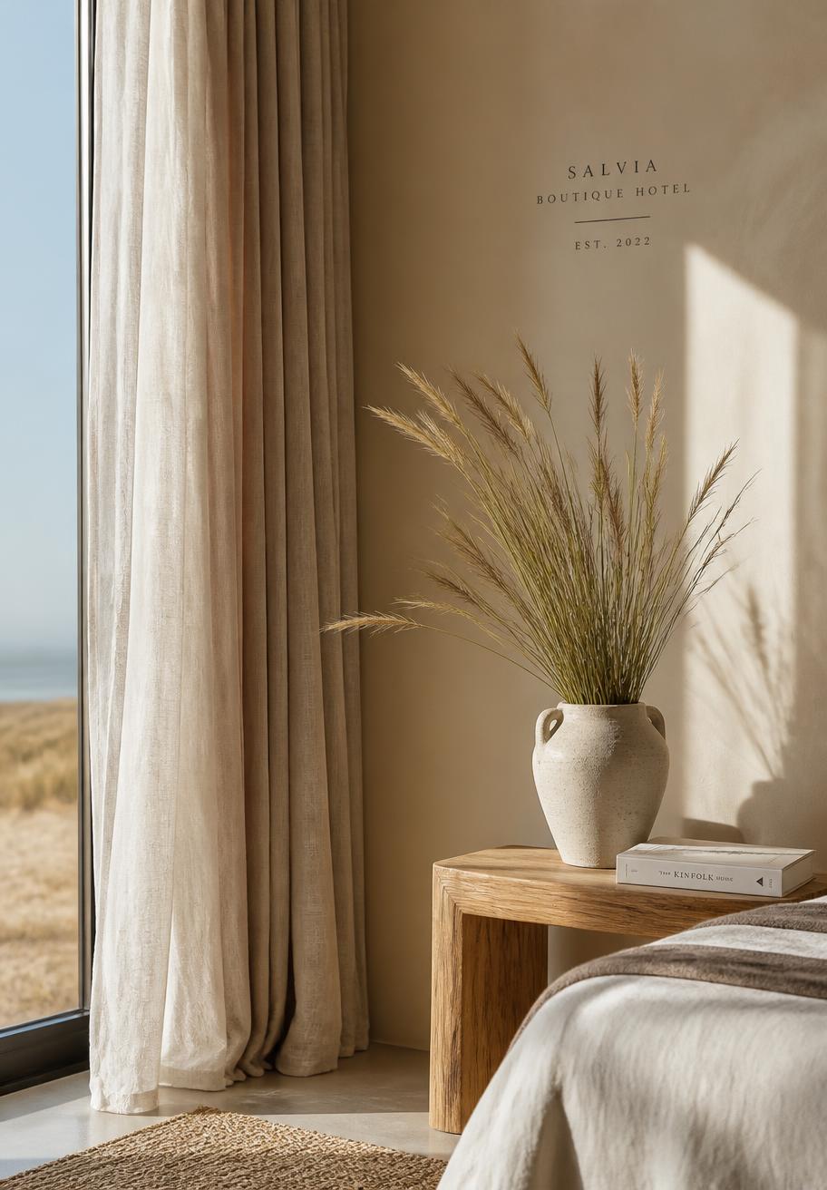 Rustige hoek in een hotelkamer met linnen gordijnen en duingras in een vaas