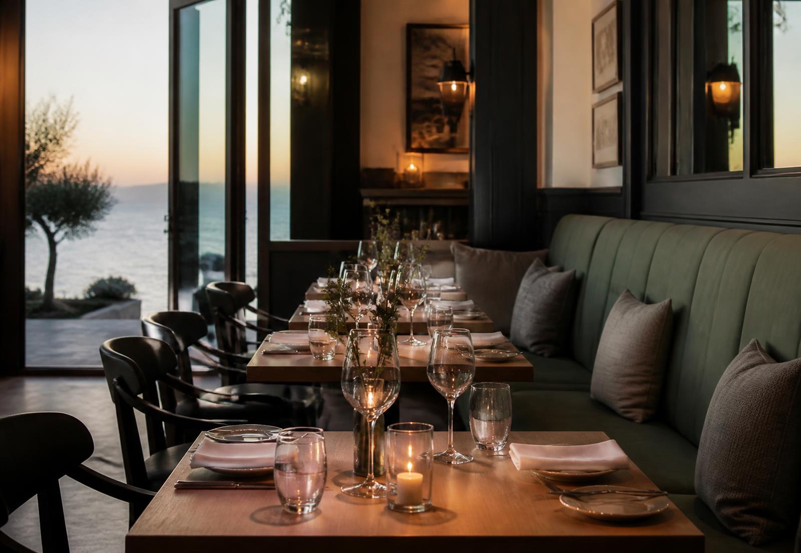 Elegant restaurantinterieur met kaarslicht en groene banken