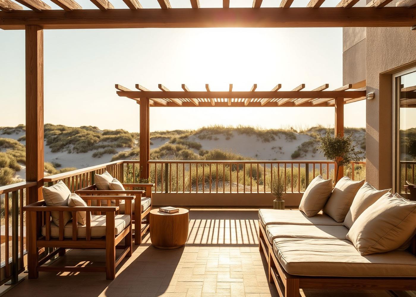 Terras met loungebanken uitkijkend over de duinen