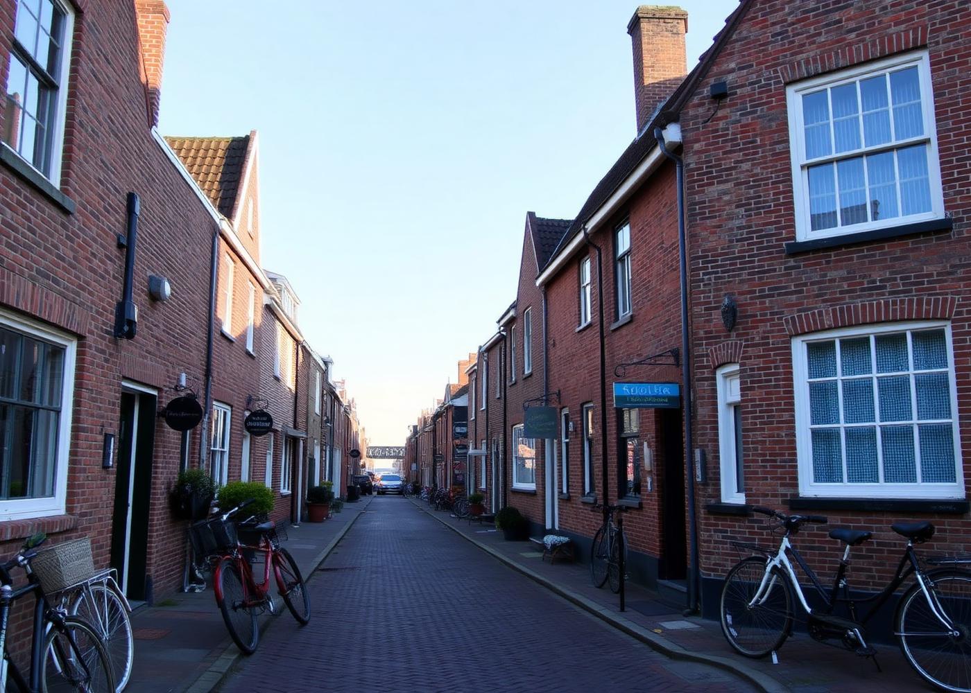 Rustige straat met bakstenen huizen en fietsen